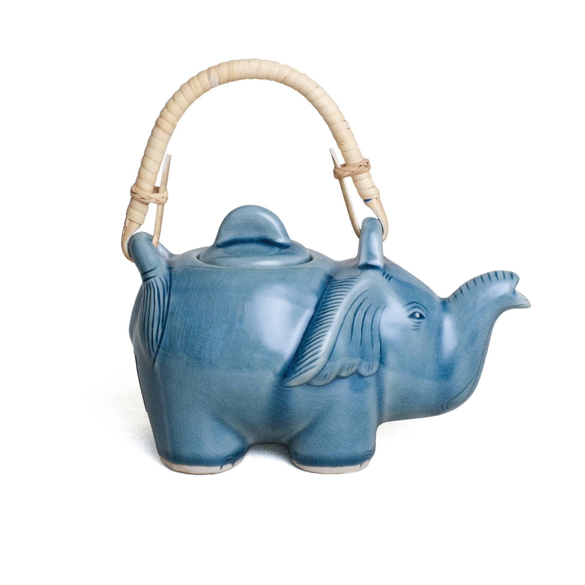 Tea Pot, Standing Elephant with Rattan Handle, Blue Glaze.