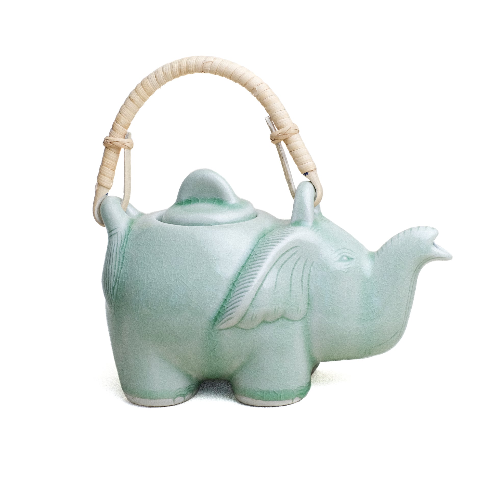 Tea Pot, Standing Elephant with Rattan Handle, Green Glaze.