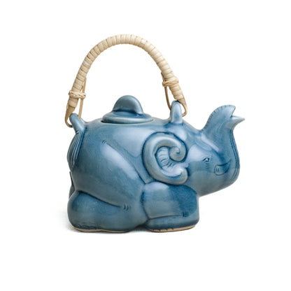 Tea Pot, Sitting Elephant with Rattan Handle, Blue Glaze.