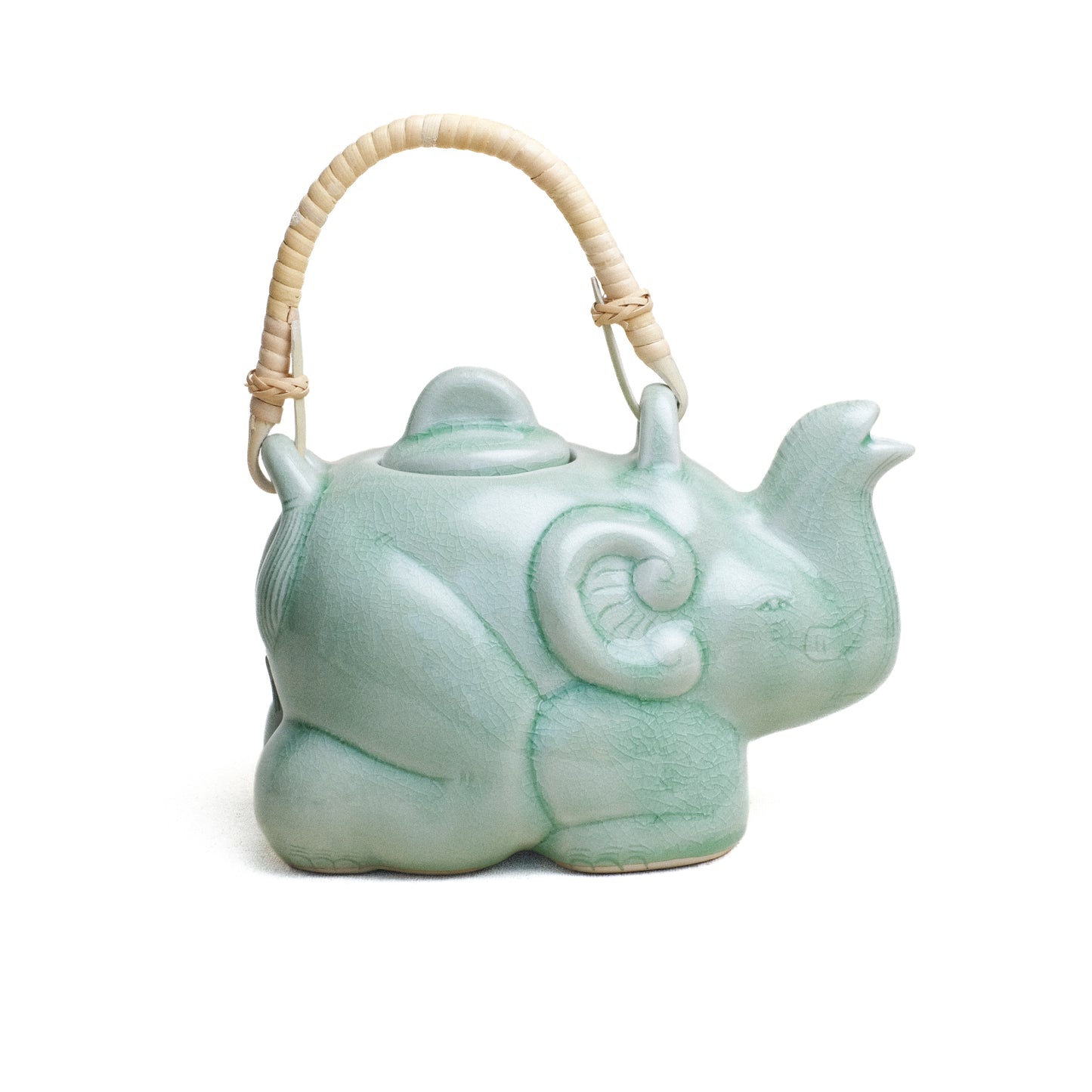 Tea Pot, Sitting Elephant with Rattan Handle, Green Glaze.