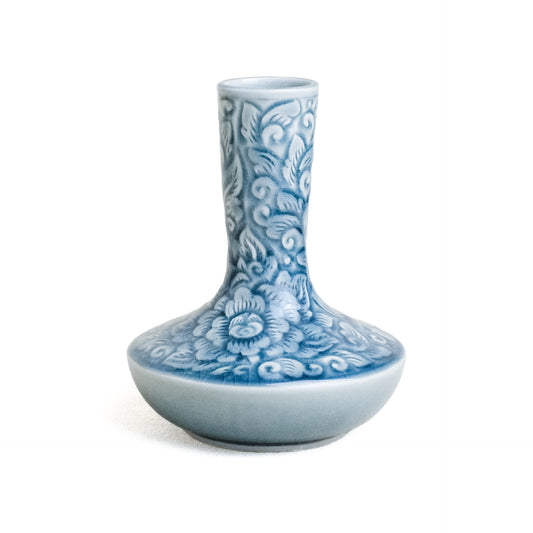 Lotus Stem Vase with Carved Pudtan, Blue Glaze