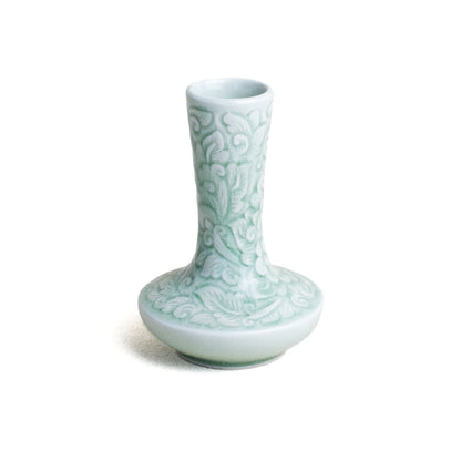 Lotus Stem Vase with Pudtan Carving, Green Glaze