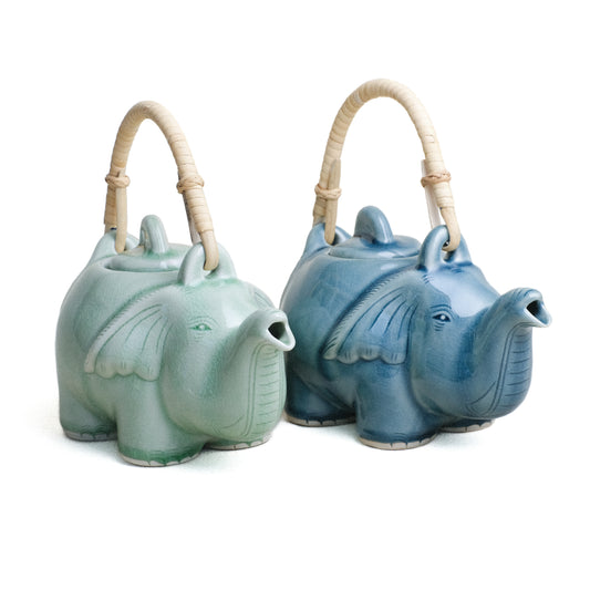 Pair of Tea Pots, Standing Elephant with Rattan Handle. Green Glaze and Blue Glaze, from left to right.