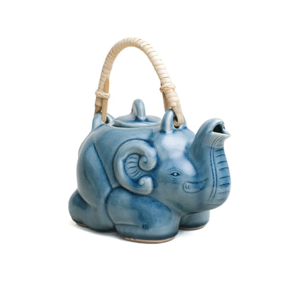 Tea Pot, Sitting Elephant with Rattan Handle, Blue Glaze. Frontal view.