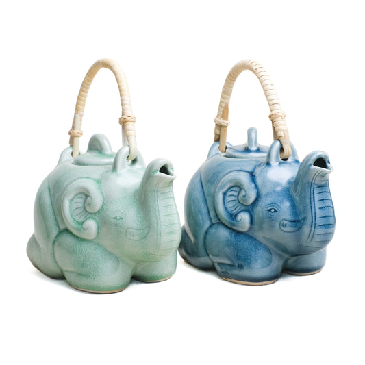 Pair of Tea Pots, Sitting Elephant with Rattan Handle. Green Glaze and Blue Glaze, from left to right