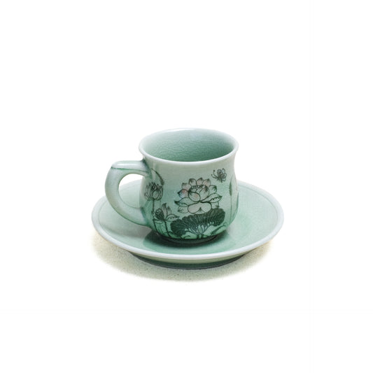 Coffee Cup and Saucer, Handpainted Lotus Pattern