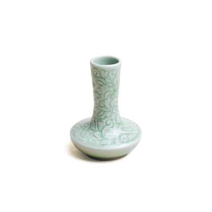 Lotus Stem Vase with Pudtan Carving, Green Glaze