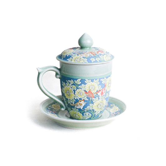 Decorative Coffee Set with Handpainted Floral Pattern Overglaze